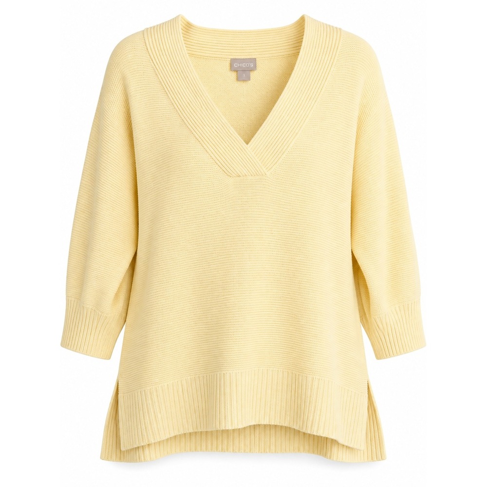 Chicos Cotton V-Neck Sweater Size 2 L Pale Yellow Dolman 3/4 Sleeve Tunic Knit